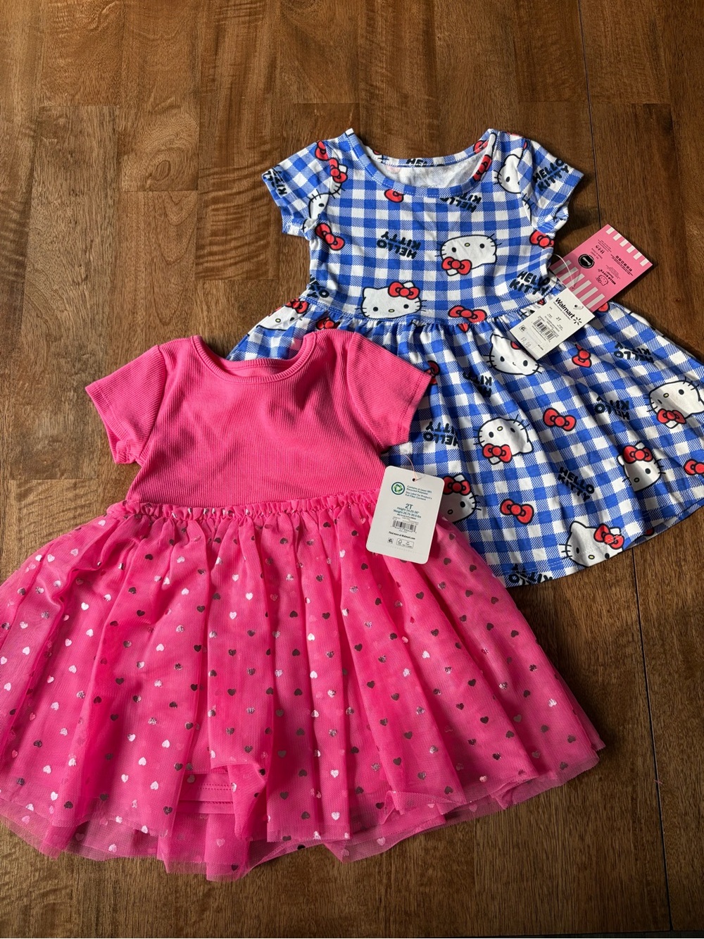 NWT! 2T Dresses-Hello Kitty Blue Gingham Dress & Hot Pink Heart Tulle Dress